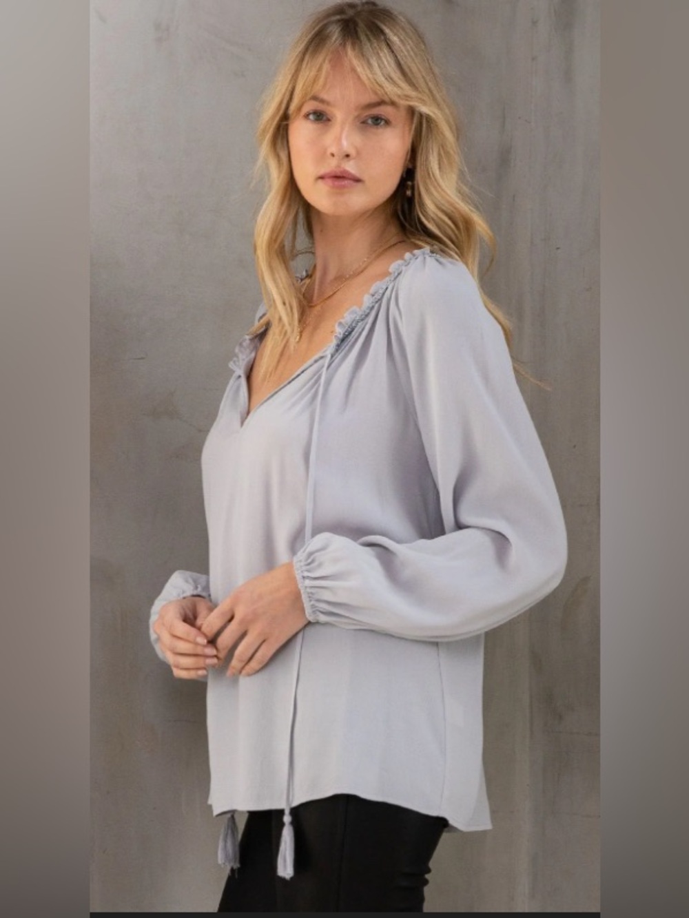 Lovestich 
Moonstone Beaded Peasant Top Light Gray Peasant Blouse w/Tassel Ties